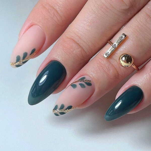 24pcs Short Almond False Nails,Green Stick on Nails Leaves Design
