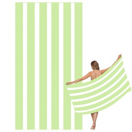 Large Quick Dry Microfibre Beach Bath Towel for Adult,Double Sides Green White Striped Sand Free Beach Towel with Bag,Lightweight Gym Yoga Sports Towel,Compact Travel Summer Beach Towel for Women Men