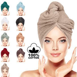 LUXURY Hair Towel Wrap 100% Cotton, Instant Drying Lightweight Turban Cap Super Quick Absorbent Anti-Frizz Twist Toweling Dry Hat with Button Loop for Long Curly Hairs, 62CM x 23CM Beige Single