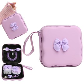 QLD COVER Charger Cover Storage Bag, Cute 3D Bow Tie Waves Design Charger Protector Travel Storage Case, Earphone Wire Saver Cable Cord Organizer Wireless Earphone Storage Box, Purple Bow