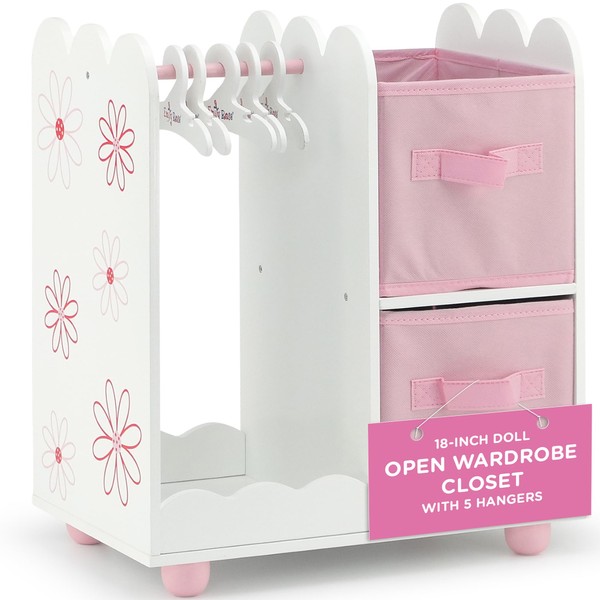 Emily Rose Doll Furniture - 18 Inch Doll Clothes Open Closet Accessory - Wooden Doll Accessories Furniture Toy Playsets - with 5 Free Wooden 18" Doll Clothing Hangers and 2 Large Storage Bins