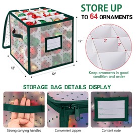 BINSUNS Christmas Ornament Storage Box, Christmas Storage Containers Organizer Bag with Dividers - Fits up to 64 Holiday Xmas Ornaments Decorations 3" Seasons Balls(Green)