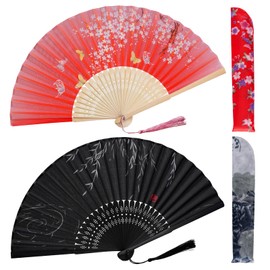 Jmkcoz Handheld Folding Fans Floral Hand Held Fans Silk Bamboo Fans with Tassel Chinese Japanese Hand Foldable Fan with Fabric Sleeve for Dancing Wedding Party Props Decoration (2, Black & Red)