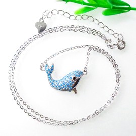 Hiqmic 925 Sterling Silver Cute Blue Dolphin CZ Zirconia Pendant Necklace Clavicle Chain White Gold Plated Fashion Jewelry 16"+2", WA99135