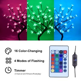 Cherry Blossom Tree Lamp 18IN RGB Tree Lights with 48 LED and 16 Color Modes Remote Control, Japanese Cherry Blossom Decor for Indoor and Outdoor, Adapter Plug in Tabletop Lamp, UL Listed