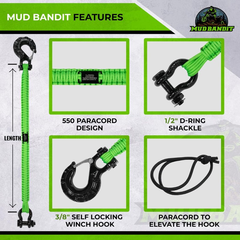 Custom Paracord ATV UTV Recovery Strap with Winch Hook and
