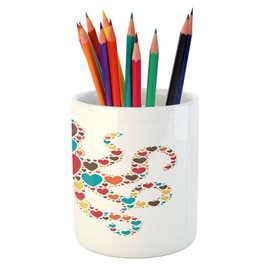 Ambesonne Octopus Pencil Pen Holder, Sea Animal Shape with Big and Little Colorful Hearts Love Valentines Day Concept, Printed Ceramic Pencil Pen Holder for Desk Office Accessory, Multicolor
