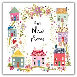 New Home Congratulations Card - Houses and Flowers - Contemporary Artistic Design - Special Finishes - Made in the UK - Eco-Friendly