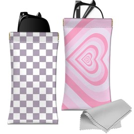 Deokke 2 Pack Portable Soft Leather Glasses Case with Cleaning Cloth Cute for Women Men Girls, K-19-Purple Heart