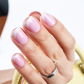 Yazikisa Short Square Press on Nail White French Fake Nails Tips Artificial Stick on Fingernails Glossy Natural Acrylic Glue on False Manicure Women Girls Daily Party 24 Pcs