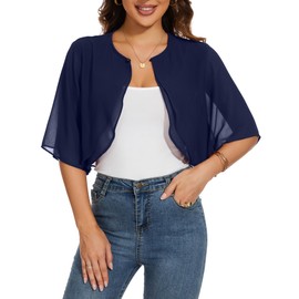 HANERDUN Bolero Women's Festive Elegant Chiffon Cardigan 3/4 Sleeve Short Shoulder Jacket Perfect with All Sorts of Cocktail Dress Evening Dress, navy blue
