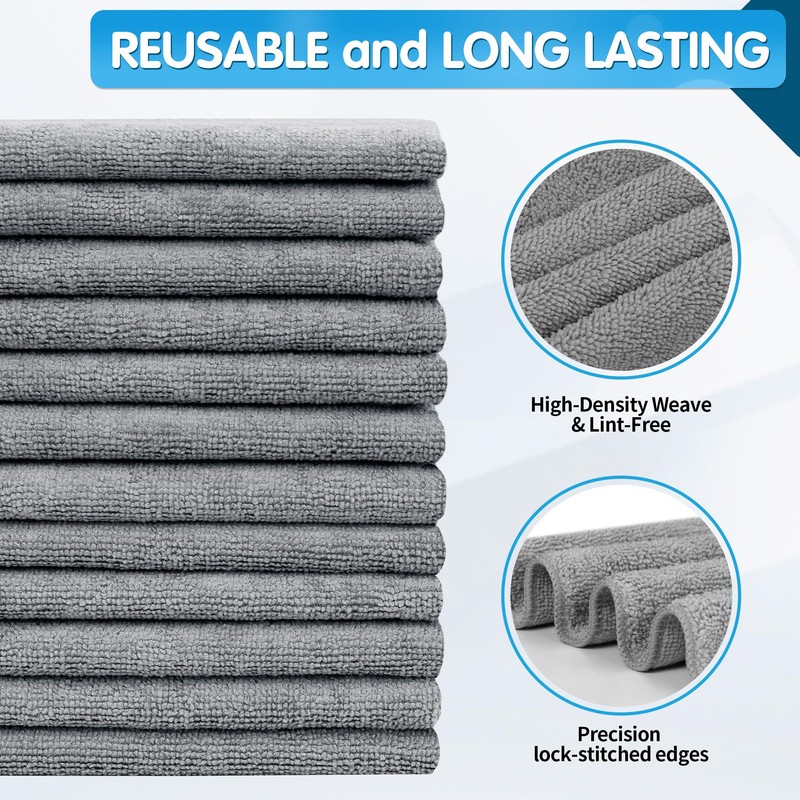 FIXSMITH Grey Microfiber Cleaning Cloth -Pack of 12, Highly Absorbent