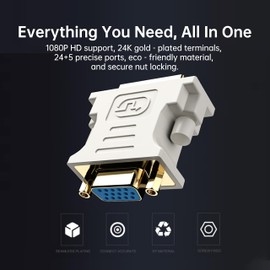 biaze DVI to VGA Adapter (DVI-I 24+5 Pin Male to VGA Female) – Gold-Plated Connector for PC, Laptop, GPU, Projector