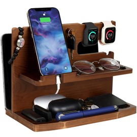 Gifts for Men Christmas Wood Phone Docking Station Desk Accessories Workspace Organizer Birthday Gifts for Men or Dad Nightstand Organizer Mens Gifts for Christmas - Stand for Wallet & Watch Key