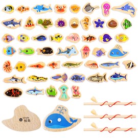 Sxutop Pack of 54 Magnetic Fishing Game, Wooden Toy, Fishing Toy, Wooden Puzzles, Educational Toy with Two Wooden Fishing Rods, Montessori Toy, Children's Gift for Girls and Boys, Children's Games
