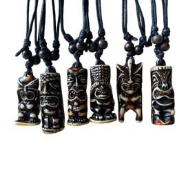 Kysin Chiys 6 Pcs Retro Hawaiian Tiki Resin Protection Amulet Lucky Pendant Necklaces Cute Caved Satue Adjustable Rope Chain Necklace Vintage Jewelry for Men Women - Black