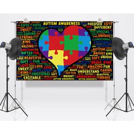Nepnuser Autism Awareness Photo Booth Backdrop Puzzle Piece Love Heart April Decoration Be Kind School Classroom Bulletin Board Decor (5.9×3.6ft)