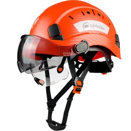 SAFEBUILDER Construction Safety Helmet with Build-in Visor ABS Hard Hat with Visor Adjustable Ventilation Hardhats Work Head Protection ANSI/ISEA Z89.1 (Matte Orange Hat with Clear & Tinted Visor)