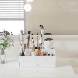 Hair Tool Organizer, Acrylic Hair Blow Dryer Holder Stand for Straightener and Curling Storage, Bathroom Vanity Countertop Organization for Makeup Accessories (White)