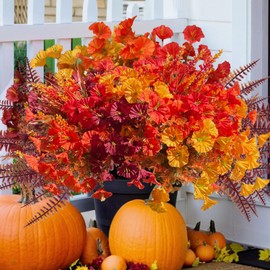 KAFDY Fake Mums Artificial Fall Flowers Plants for Outdoors Outside, 12 Bundles Faux Silk Petunias Realistic Look Real UV Resistant for Planters Porch Patio Yard Autumn Decoration