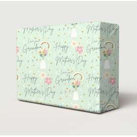 2 Sheets 2 Tags Mother's Day Green Flower Vase Love You Grandma Design Wrapping Paper White And Gold Hearts Granny Gift Wrap (PA)