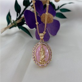 Medal Virgin Mary Necklace Cadena Virgen De Mary Salvation Pink Pearls Shell Necklace, Miraculous Medallion Cubic Zirconia Necklace, Agate