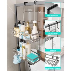 HapiRm Shower Caddy over Door- Hanging Shower Organizer with 14 Hooks and Soap Holder, Rustproof & Waterproof Stainless Steel Bathroom Shelf - Brushed Nickel
