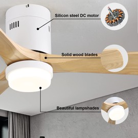 Sofucor 52" Low Profile Ceiling Fan, Flush Mount Ceiling Fan with Lights Remote Control, DC Motor with 3 Reversible Wood Blades, 6-Speed & Timer for Bedroom/Living Room/Patios/Farmhouse/Light Wood
