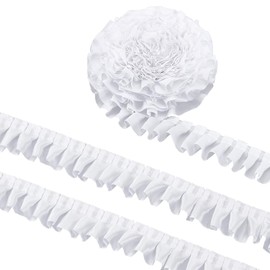 AHANDMAKER 10 Yards Satin Ruffle Trim Fabric Trims, 1-1/2 Inch Wide White Ruffle Pleated Lace Trim Satin Ribbon Gathered Ribbons for Cloth Sewing Wedding Craft Applique Home Decoration