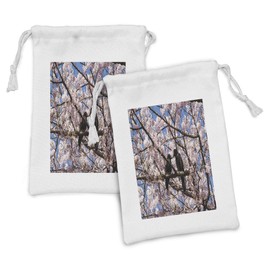 Ambesonne Black Crow Fabric Pouch Set of 2, Photo of Birds on Cherry Blossom Tree Branch, Small Drawstring Bag for Toiletries Masks and Favors, 9" x 6", Sky Blue Pink Dark Grey