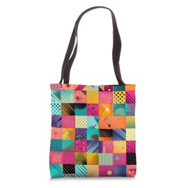 Retro Quilt 80's 90's Inspired Colorful Patchwork Pattern Tote Bag