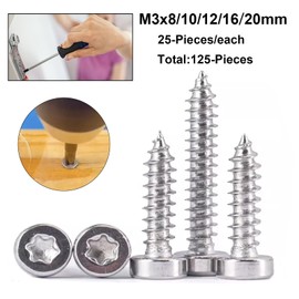 FandWay Torx Cap Head Self-Tapping Screws, M3 x 8/10/12/16/20mm Sheet Metal Screws,304 Stainless Steel Wood Screws Assortment (25-Pieces/each)