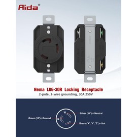 AIDA NEMA L6-30R Flush Mounting Locking Receptacle, Twist-Lock Generator Outlet, 30 Amp, 250Volt, 2-Pole, 3-Wire Grounding, Heavy Duty Turnlock Socket, Industrial Grade, UL Listed