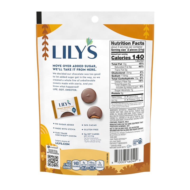 LILY'S Milk Chocolate Style Peanut Butter Cups No Sugar Added,