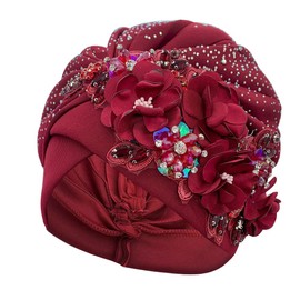 Luxurious African Women's Turban Cap Decorated with Rhinestone Bouquets Pleated Head Wraps Female Shinny Muslim Bonnet Hat (Burgundy)