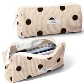 Purbert Pencil Bag Pen Case, Soft Corduroy Small Pencil Pouch Organizer with Zipper, Cute Pencil Case Pouch Stationery for Girls – Dot Beige