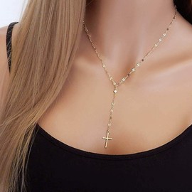 TseenYi Cross Y Lariat Necklace Gold Drop Chain Necklace Choker Simple Pendant Necklace Jewelry for Women and Girls (Gold)