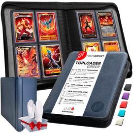 FORZAROCKET 4 Pocket Toploader Binder, Holds 112 Top Loaders, 8 INCLUDED, Waterproof PU Leather, Archival Safe Pockets, Compatible with Sports, Trading Cards in 3"x4" Toploaders (4 pocket, Navy Blue)