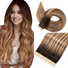 Tape in Hair Extensions Human Hair Chestnut Brown to Mixed Dirty Blonde Hair Extensions 18 Inch 20pcs Remy Straight Human Hair Tape in Extensions Skin Weft Tape Extensions Human Hair