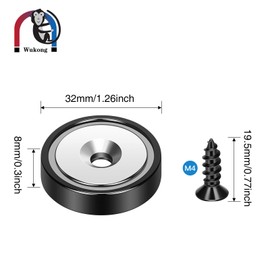 Wukong Black Pot Magnets 4 Pieces 32 x 8 mm 90 lbs Strong Neodymium Disc Magnet Round Rare Earth Countersunk Hole Magnets for Whiteboards Fridge Kitchen Workplace with 4 Mounting Screws