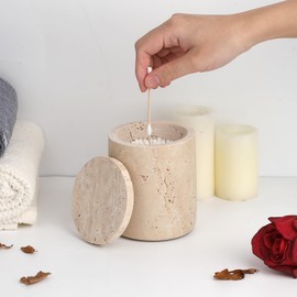 Hipiwe Travertine Cotton Swab Holder Qtip Dispenser with Lid Bathroom Accessories Storage Organizer for Cotton Ball Pads Floss Picks Holder