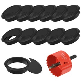 Flintronic Pack of 12 Cable Grommet Desk, 60 mm Cable Pass with 1 Hole Saw 60 mm, Cable Outlet Box, Desk Cable Hole Covers, for Table, Office, Desks, Black