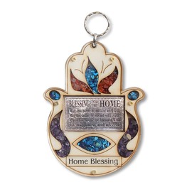 Wooden Hamsa Blessing for Home - Good Luck Wall Decor with Simulated Gemstones