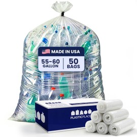 Plasticplace Heavy Duty 55-60 Gallon Trash Bags – Clear Garbage Can Liners (38” x 58”) – Durable Multiuse, Puncture-Resistant, 50 Count – Ideal for Kitchens, Warehouses and Recycling Trashbags 1.5 Mil