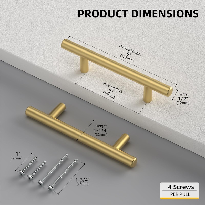 Goldenwarm 10 Pack 3 inch Gold Cabinet Handles Brushed Gold