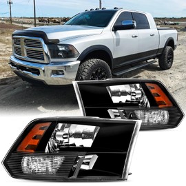 Headlights Assembly Compatible with 2009-2018 Dodge Ram 1500 2500 3500/2019-2022 Ram 1500 Classic Headlamp Replacement Black Housing Amber Reflector Passenger and Driver Side (Only for Quad Models)