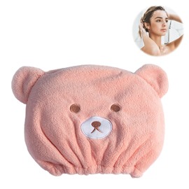 Microfiber Hair Drying Towel Cap, Absorbent Hair Drying Scarf, Bath Caps, Cute Bear Coral Velvet, Wet Kids Hair Dry Turban Wrap, for Women Wet Short or Long Curly Thick Girls Hair Anti Frizz(Pink)