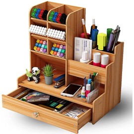 Vikmyer Wooden Pencil Holder, Desk Organiser, Multifunctional Desktop Stationery, Pen Holder, Box for Home, Office, School Supplies, Storage Shelf with Drawer