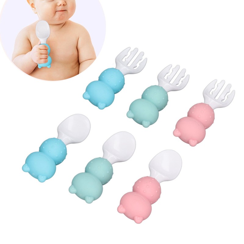 Baby Spoons Forks Set Short Handle Silicone Self Feeding Utensils