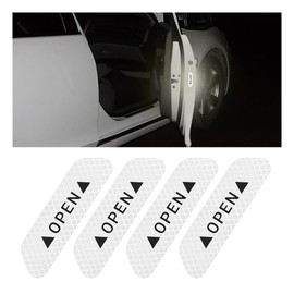 4PCS Reflective Open Prompt Stickers for Car Door, 3.6 Inch Auto Safety Warning Decals, Night Visibility Anti-Collision Protective Strip, Car Decoration Accessories for Truck, SUV, Van (White)